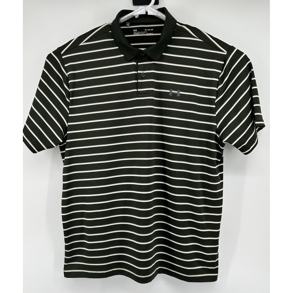 Under Amour Loose Heatgear Short Sleeve Olive Green Striped Polo Men's XL - Picture 1 of 4